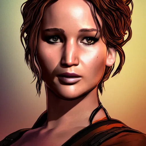 Image similar to jennifer lawrence portrait, borderlands, tales from the borderlands, the wolf among us, comic, cinematic lighting, studio quality, 8 k