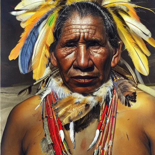 Image similar to high quality high detail painting by lucian freud, hd, portrait of a indigenous tribe leader with feathers, photorealistic lighting