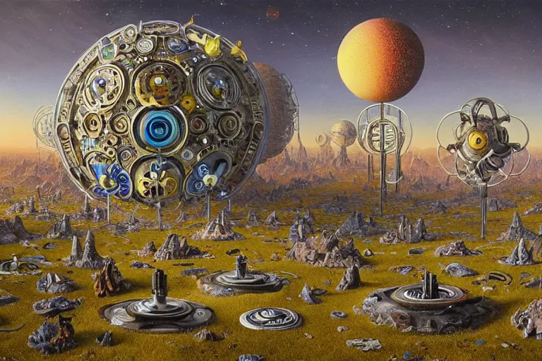 Image similar to a surreal and awe - inspiring science fiction planet overrun with fidget spinners, intricate, ornate, highly detailed fidget spinners, matte painting by ernst haeckel and simon stalenhag