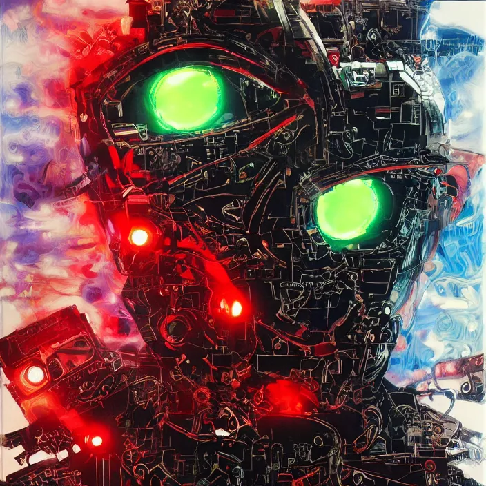 Image similar to cyborg with glowing red eyes, clouds, lasers, painting by greg ruthowski, yoshikata amano, yoji shinkawa, alphonse murac, collaborative artwork, beautifully drawn, heavily detailed