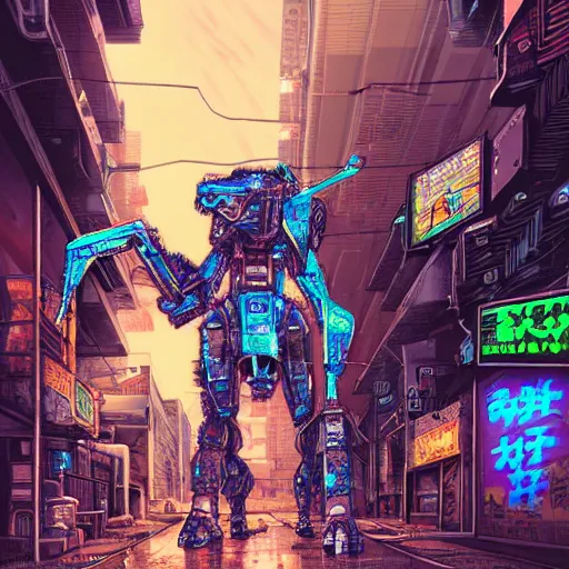 Image similar to hyper-detailed, intricate, full colour anime illustration of a mecha dinosaur standing at a ghetto street corner with graffiti in the background, night, city, dark, cyberpunk