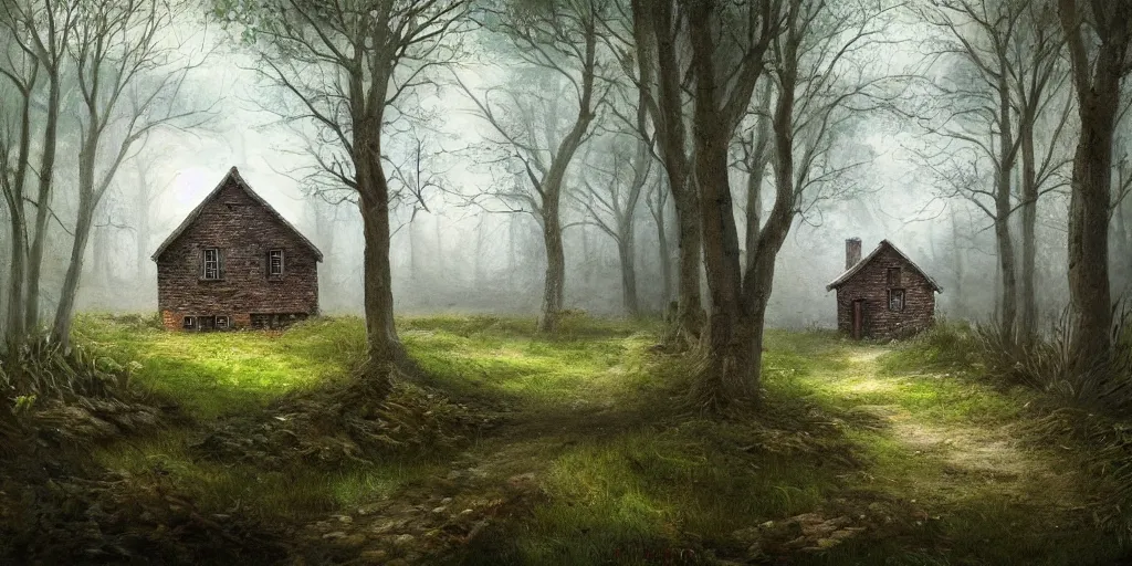 Image similar to a painting of lone cottage in the woods and empty woods, 8k, fantasy, hyper realistic, atmospheric, cinematic