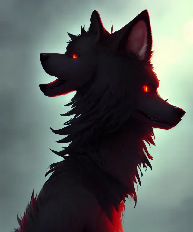 Image similar to award winning painting of a anthropomorphic black male wolf fursona long red hair | | concept art, volumetric lighting, highly detailed, photorealistic, by greg rutkowski and cory loftis trending on artstation