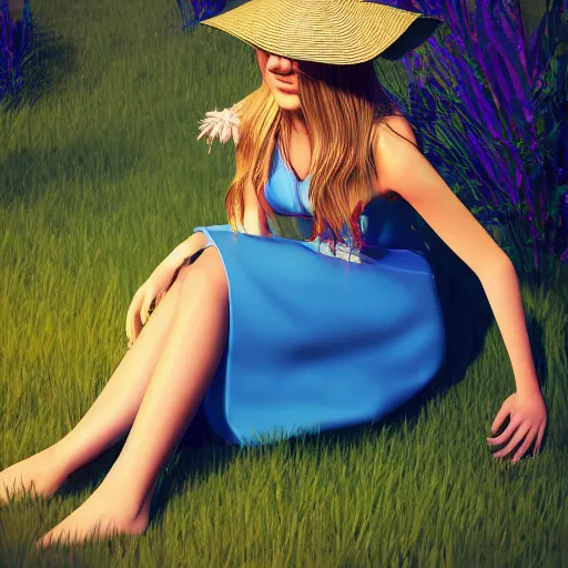 Image similar to blonde girl in a blue dress and a sun hat sitting barefoot in a garden, hyperdetailed, cinematic, kinemacolor, artstation, photorealistic, beautiful 8 k