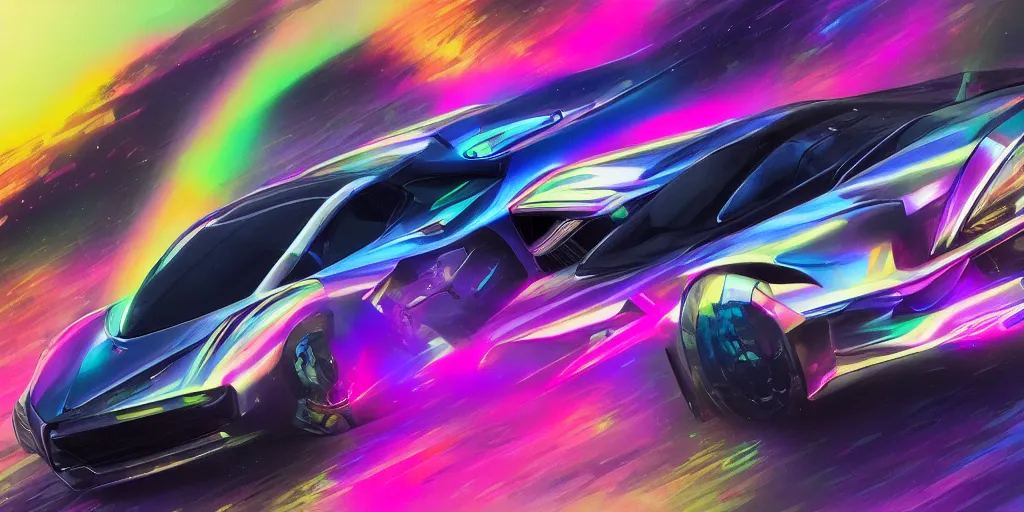 Image similar to full view of a sport car, painted in many bright colors holographic pearlescent, elegant, digital painting, concept art, smooth, sharp focus, art style from Wang Ke and Greg Rutkowski and Bruce Kaiser and Scott Robertson and Dmitry Mazurkevich and Doruk Erdem and Jon Sibal, small style cue from Blade Runner
