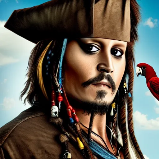 Image similar to johnny depp as jack sparrow with a parrot on the shoulder, realistic portrait, 8k resolution, hyper detailed, dramatic lighting, cinematic