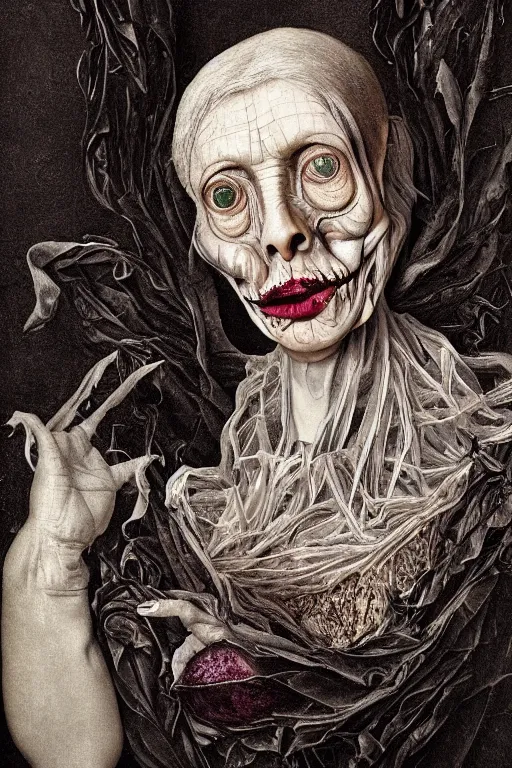 Image similar to Detailed maximalist portrait of a beautiful old woman with large lips and eyes, scared expression, botanical skeletal with extra flesh, HD mixed media, 3D collage, highly detailed and intricate, surreal illustration in the style of Caravaggio, dark art, baroque, centred in image