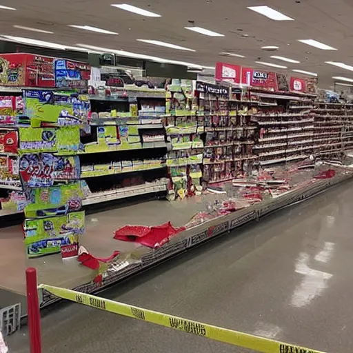 Prompt: photo of collapsed store shelves, at target, items spilled everywhere