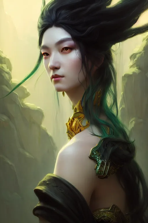 Prompt: ultra detailed beautiful high priestess, black long hair, green eyes, sharp bone structure, extremely detailed digital painting, in the style of fenghua zhong and ruan jia and jeremy lipking and peter mohrbacher, mystical colors, rim light, beautiful lighting, 8 k, stunning scene, raytracing, octane, trending on artstation