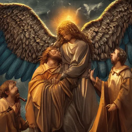 Image similar to angels protecting a praying man very highly detailed, award winning, trending on artstation, 4K UHD image