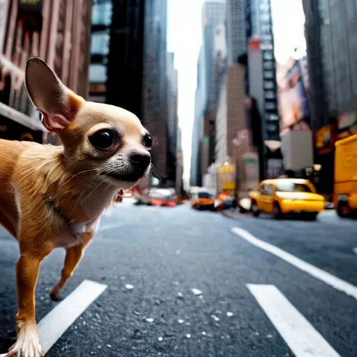 Prompt: A national geographic high resolution wide angle shot of a chihuahua in a busy New York street