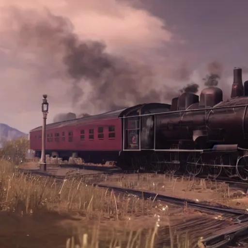 Image similar to futuristic sleek steam locomotive in red dead redemption 2