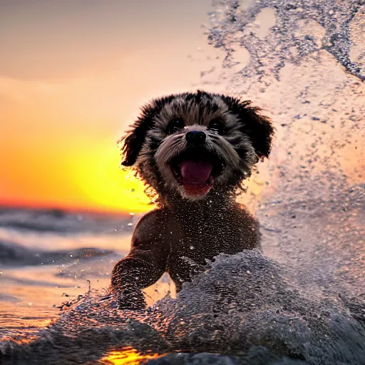 Image similar to a closeup photorealistic photograph of a cute smiling tiger bichon puppy splashing in the surf during sunset. professional capture, well lit shot. this 4 k hd image is trending on artstation, featured on behance, well - rendered, extra crisp, features intricate detail, epic composition and the style of unreal engine.