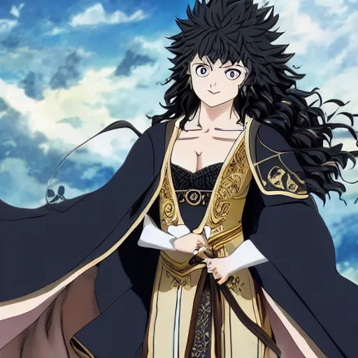Prompt: DLE, Official Media, Screenshot from Black Clover, Anime key visual portrait of attractive voluptuous woman, long brunette hair, wearing shoulder cape, holding grimoire, highly detailed, by Yūki Tabata