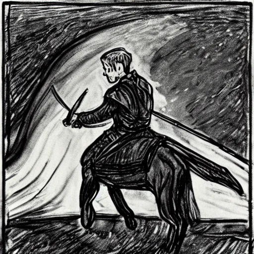 Prompt: legolas riding a turtle, edvard munch style