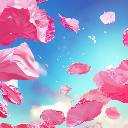 Image similar to background art of spaciously scattered flower petals flowing and floating through the blowing swirling directional wind from left to right on a simple cloudy sky background, big puffy clouds, large individual rose petals, angular background elements, polygonal fragments, anime, artgerm, manga, trending on artstation, art nouveau, mature color scheme