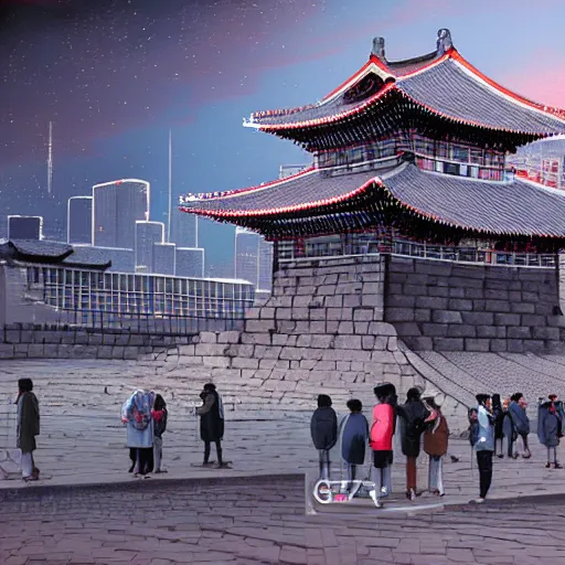 Image similar to concpet art of 2 0 7 7 years seoul, gwanghwamun, cyberfunk