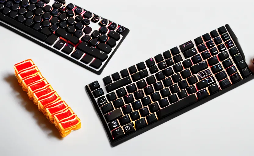 Prompt: product photography of a computer keyboard with keys made out of sushi, on a platter, studio lighting, detailed