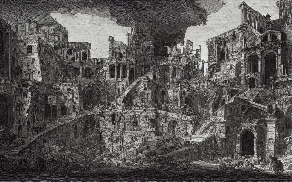 Image similar to an engraving of a medieval dungeon, carceri d'invenzione, by giovanni battista piranesi, gustave dore, volumetric lighting