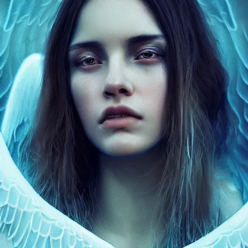 Image similar to portrait art of female angel by alessio albi 8 k ultra realistic, angel wings, lens flare, atmosphere, glow, detailed, intricate, full of colour, cinematic lighting, trending on artstation, 4 k, hyperrealistic, focused, extreme details, unreal engine 5, cinematic, masterpiece