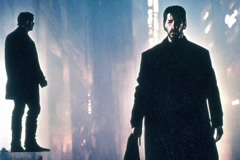 Image similar to film still neo keanu reeves in blade runner, 8 k