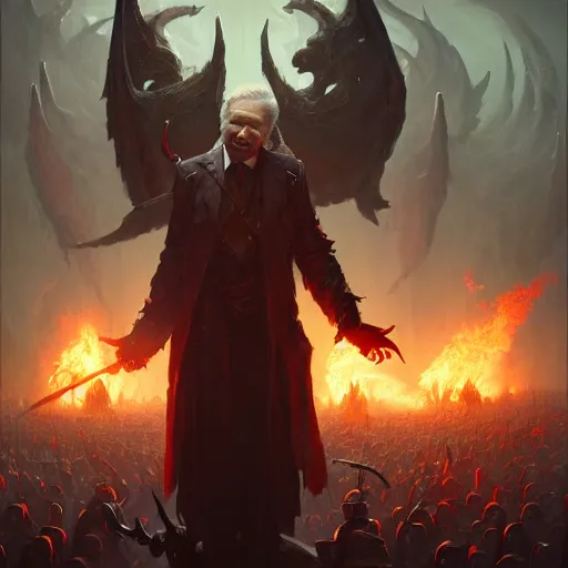 Prompt: pat robertson in hell lording over his army of demons, greg rutkowski, trending on artstation, 8 k