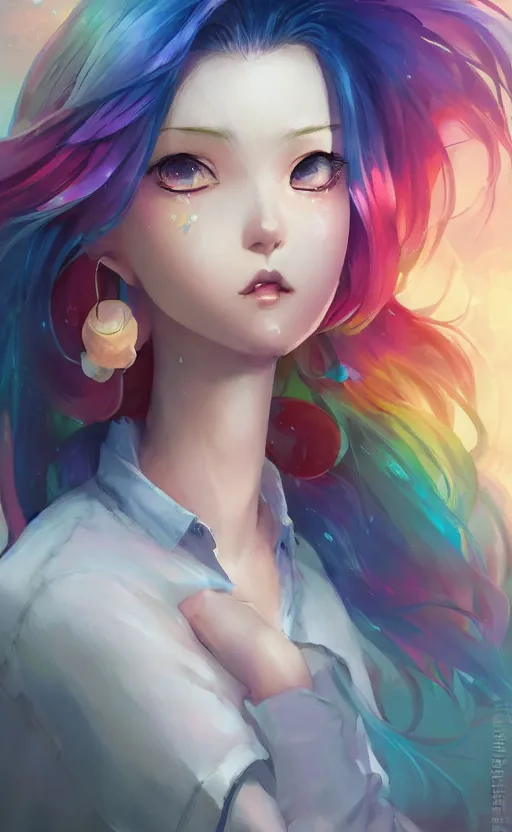 Prompt: a kawaii woman with rainbow hair, happy, summer time, soft eyes and narrow chin, dainty figure, long hair straight down, kawaii shirt and jeans, basic white background, In style of by Jordan Grimmer and greg rutkowski, crisp lines and color