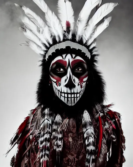 Image similar to the ghost - spirit of the grim - warpaint wears the scarlet skull armor and native blood headdress feathers, midnight fog - mist!, cinematic lighting, various refining methods, micro macro autofocus, ultra definition, award winning photo