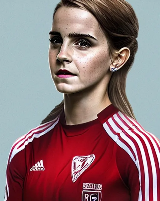 Image similar to a portrait of emma watson as a lokomotiv football player, hyper realistic