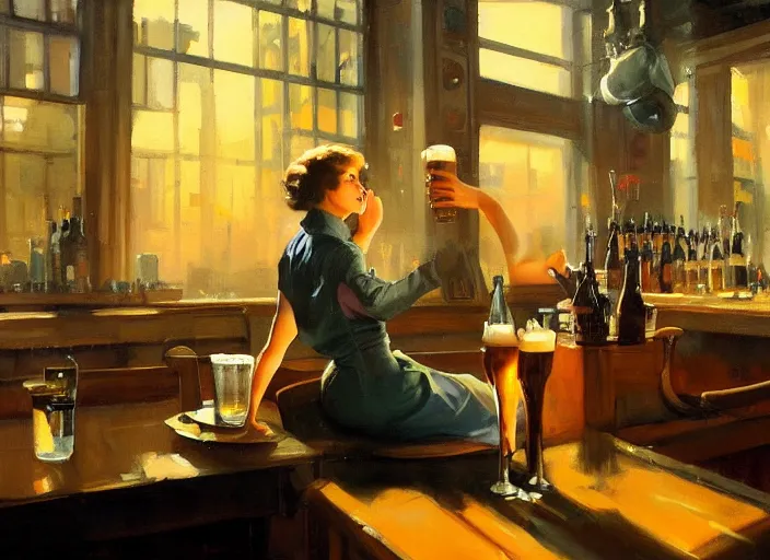 Prompt: greg manchess still life painting of a delicious mug of beer in an empty dieselpunk bar, organic painting, matte painting, bold shapes, hard edges, street art, trending on artstation, by huang guangjian and gil elvgren and sachin teng