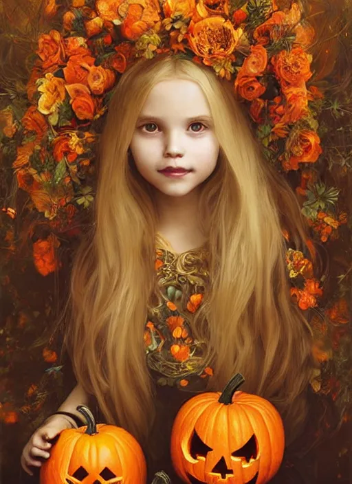 Prompt: a happy little girl with long straight golden blonde hair sitting amidst halloween decor, skulls and pumpkins. beautiful highly detailed face, beautiful painting by artgerm and greg rutkowski and alphonse mucha