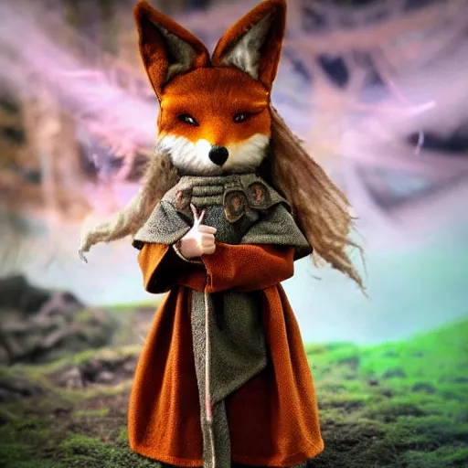 Prompt: a fantasy foxfolk druid doll wearing mage robes, cinematic, cotton fabric, button eyes, seams, cinematic, dust particles, god rays, led lights, dungeons and dragons, fantasy art, real life, photograph, national geographic