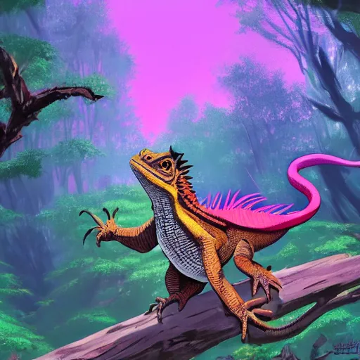 Image similar to concept art painting of an anthropomorphic bearded dragon anthro wearing magenta wizard robes, in the deep forest, realistic, detailed, cel shaded, in the style of makoto shinkai and greg rutkowski and james gurney