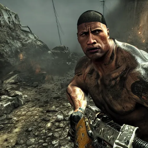 Image similar to dwayne the rock johnson, dwayne the rock johnson in the call of duty zombies map tranzit, black ops 2 tranzit, screenshot