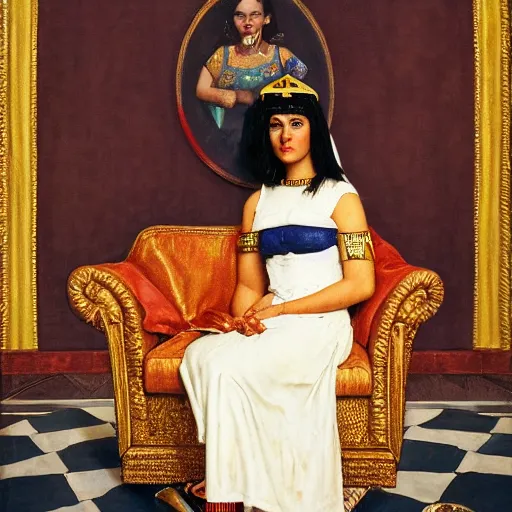 Image similar to Portrait still photograph of young Cleopatra sitting on her throne in the Oval Office by Norman Rockwell, detailed, textured, medium shot, mid-shot, trending on Artstation