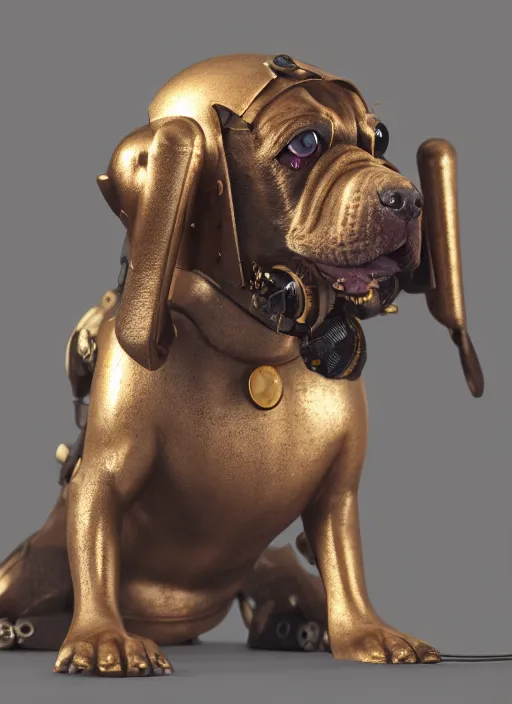 Image similar to a macro photo of amazing steampunk dog with tuby eyes and steam tubes legs, volumetric lightning, octane render, 4 k, hd, realistic reflections, extremely high detailed, soft lightning, trending on artstation, masterpiece, high resolution, bronze, gold, soft lightning