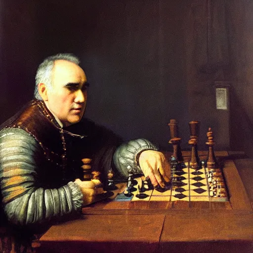 Prompt: Kasparov plays against chess computer DeepBlue , oil painting by Rembrandt