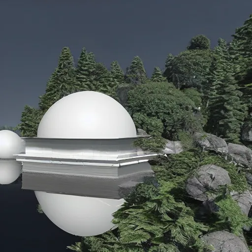 Prompt: a beautiful lot of white sphere shaped buildings are put together, on the calm lake ， hyper detailed, 8 k, unreal engine, by hiroshi sugimoto