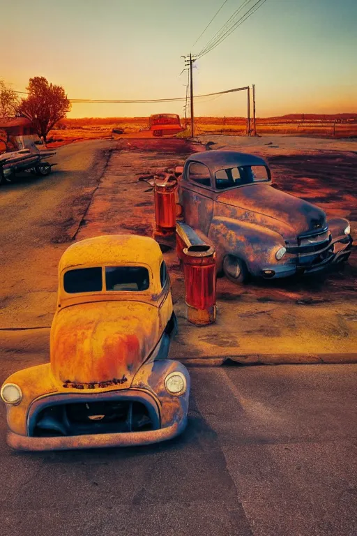 Image similar to a sunset light landscape with historical route 6 6, lots of sparkling details and sun ray ’ s, blinding backlight, smoke, volumetric lighting, colorful, octane, 3 5 mm, abandoned gas station, old rusty pickup - truck, beautiful epic colored reflections, very colorful heavenly, softlight