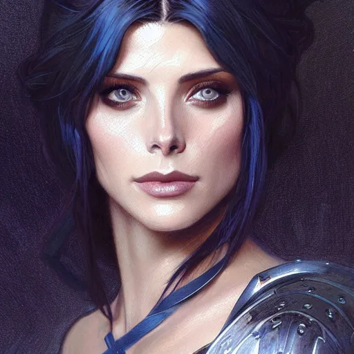 Prompt: Ashley Greene with dark blue hair as Joan of Arc, western, D&D, fantasy, intricate, elegant, highly detailed, digital painting, artstation, concept art, matte, sharp focus, illustration, art by Artgerm and Greg Rutkowski and Alphonse Mucha