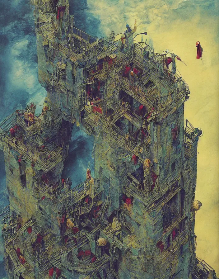 Prompt: worshippers in robes ascend a spiral staircase in a lighthouse, spiral staircase, high detailed beksinski painting, part by adrian ghenie and gerhard richter. art by takato yamamoto. masterpiece, deep colours, blue