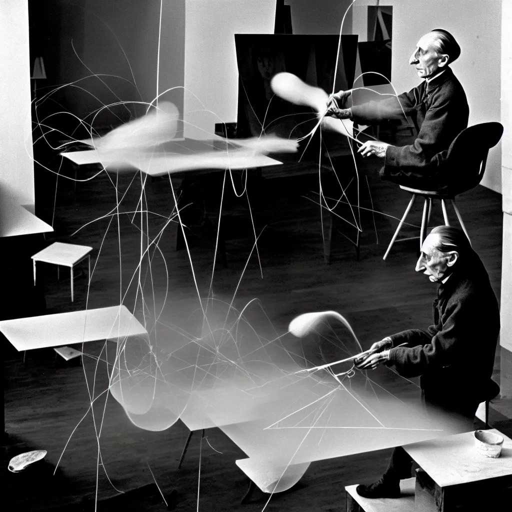 Image similar to a long exposure shot of Marcel Duchamp working on a readymade object, archival pigment print