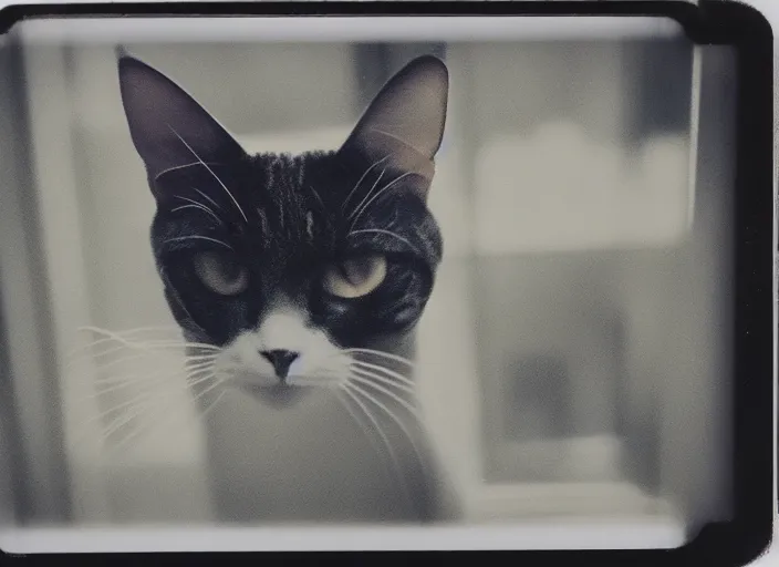 Image similar to photography polaroid of a Jack Cat . watching outside the window. on a bed. in a 70's room full of vinyls and posters, photorealistic, award winning photo, 100mm, sharp, high res