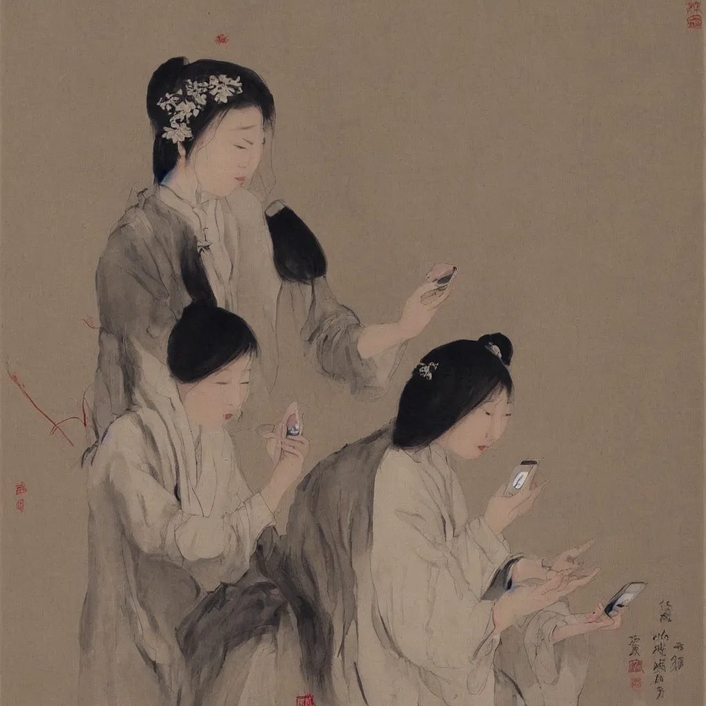 Image similar to i, a beautiful woman playing her iphone, by qibaishi