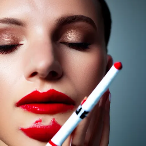 Image similar to woman smoking a cigarette, cigarette in mouth, cigarette in mouth, smoking, smoking, smoking, smoking, smoking a cigarette, smoke, red lipstick, close up