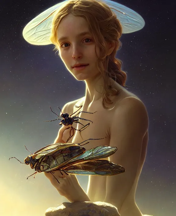 Image similar to portrait of a alien insect, adorable, childlike, milky way environment, ultra realistic, concept art, intricate details, cheerful, highly detailed, photorealistic, octane render, 8 k, unreal engine. art by christopher marley and artgerm and greg rutkowski and alphonse mucha