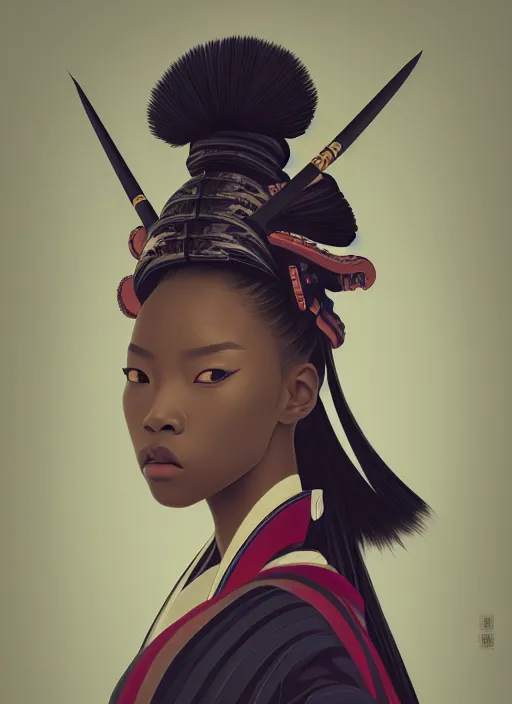 Prompt: attractive female portrait of african samurai, wearing robe, rule of thirds, uplight, intricate, symmetrical!!, depth of field, cinematic, filmic, vsco, concept art, artstation, digital painting, elegant, model, gorgeous, adobe, vouge, magazine cover, art by hayao miyazaki and masashi ando