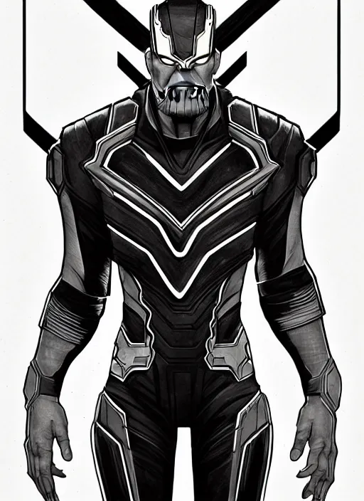 Image similar to a - symmetry concpet art, full shot, traditional ink, sketch, thanos, line sketch, intricate, elegant, highly detailed, monochrome, digital painting, artstation, concept art, sharp focus, illustration, art by borderlands 3 and peter polach