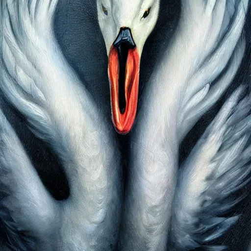 Image similar to hyperrealistic evil swan demon with long curly feathers, gritty horror oil painting, ultra detailed and disturbing