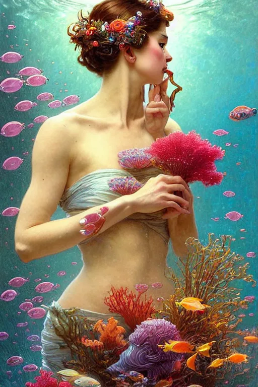 Image similar to portrait of a beautiful mysterious woman holding a bouquet of flowing flowers, small bubbles from her mouth, hands hidden under the bouquet, submerged underwater filled with colorful small fish and coral reef, fantasy, regal, intricate, by stanley artgerm lau, greg rutkowski, thomas kindkade, alphonse mucha, loish, norman rockwell